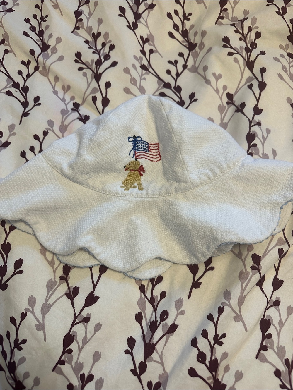 Edgehill Collection White Kids Sunhat with Bear & Flag Embroidery